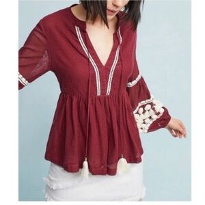 Anthropologie Vineet Bahl Pom Pom sleeves Burgundy peasant top extra small Flowy